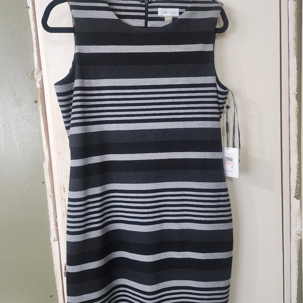 NWT Calvin Klein, sz 10, black and grey striped dress